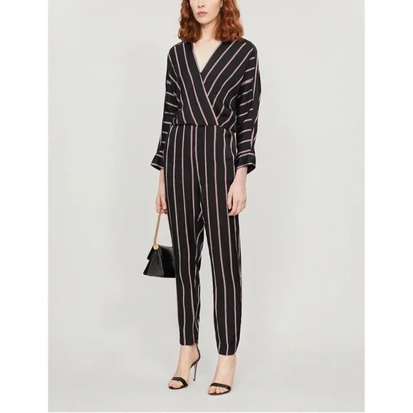 Maje Striped Black Red Pandomi V-Neck Wrap Woven Jumpsuit Surplice Pocket Medium - Picture 2 of 9